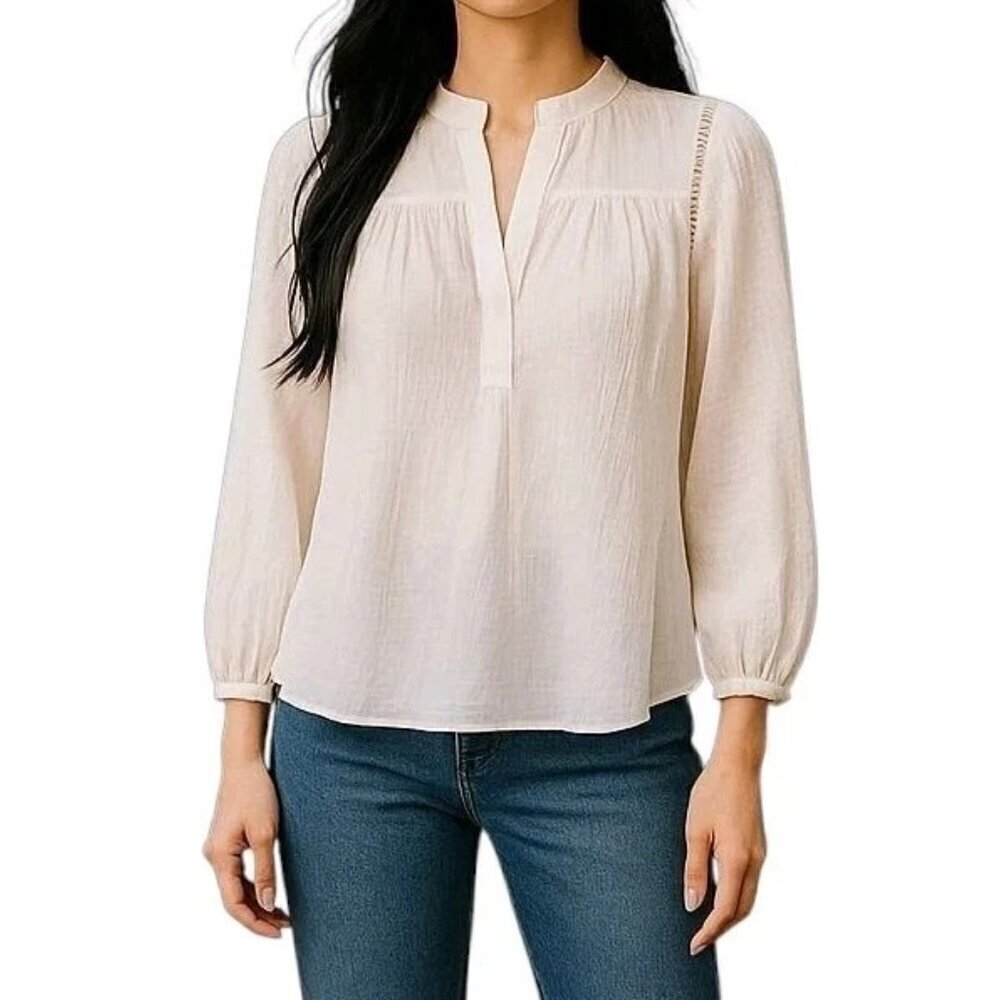 Loft Blouse Size S Ivory Gauze Ruffled Stand Up Collar Cut Outs Long Sleeve New